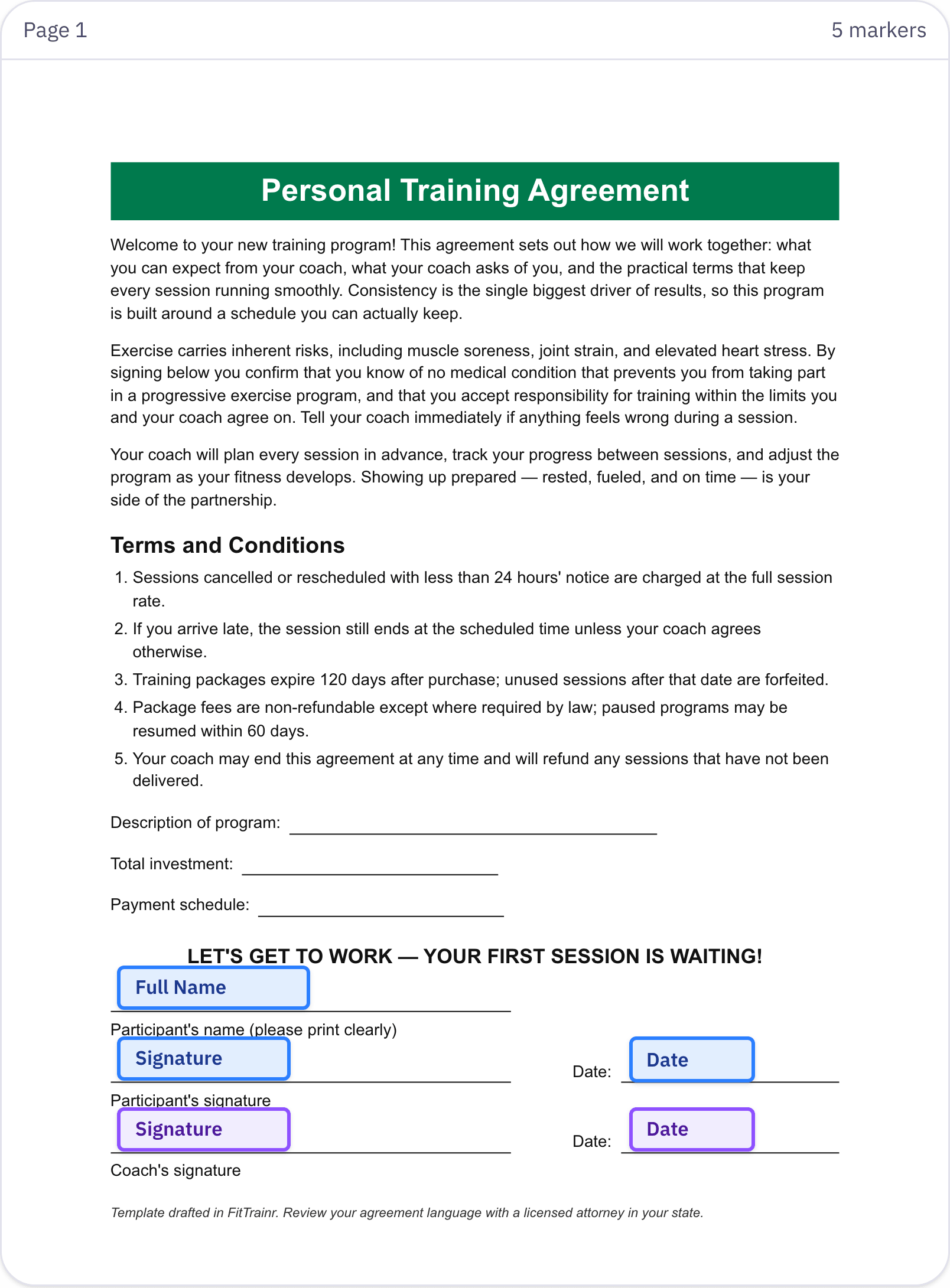 A personal-training agreement in FitTrainr with client and coach signing fields placed on the document