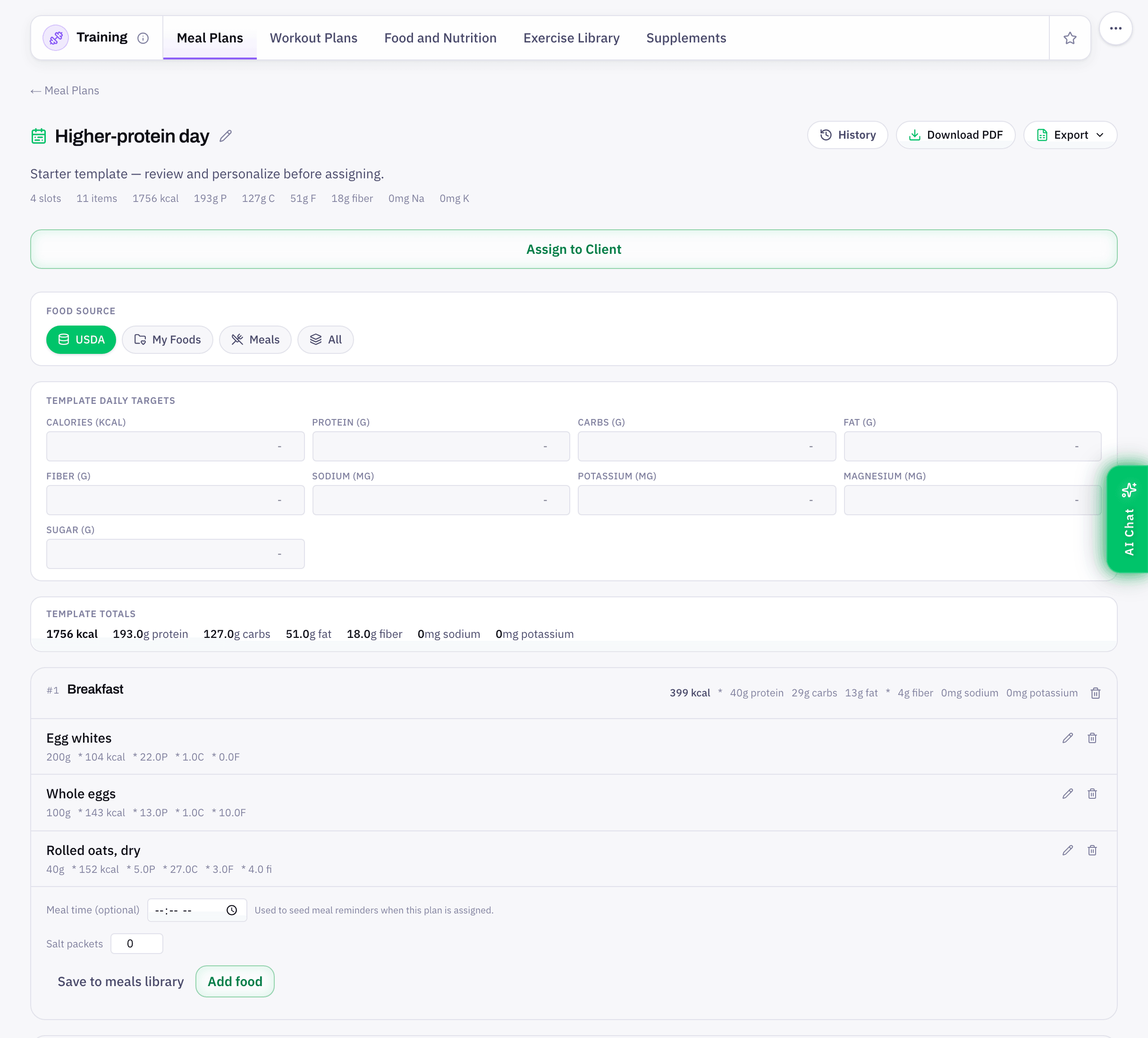 The Higher-protein day meal template in FitTrainr with live macro totals per meal and per day